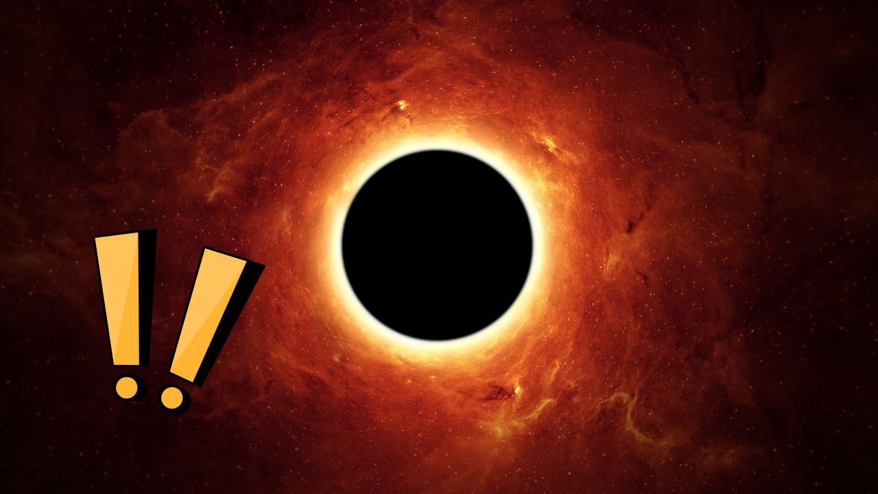 Čierna diera s oranžovým žiarivým okrajom a výkričníkmi. Tajomný vesmírny úkaz vo vesmíre.