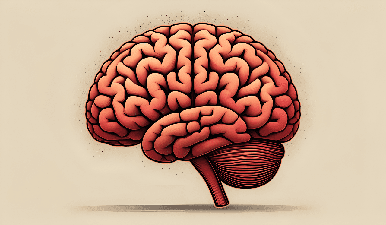 Ilustrácia mozgu znázorňujúca zložité neurónové vzory na jemnom béžovom pozadí.