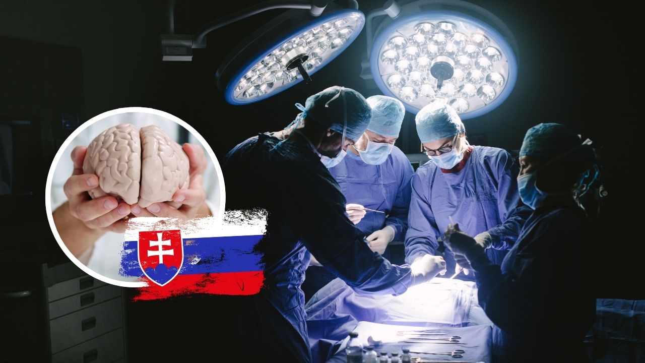 Chirurgovia pri operácii mozgu na Slovensku, detailný pohľad na mozog a slovenskú vlajku.