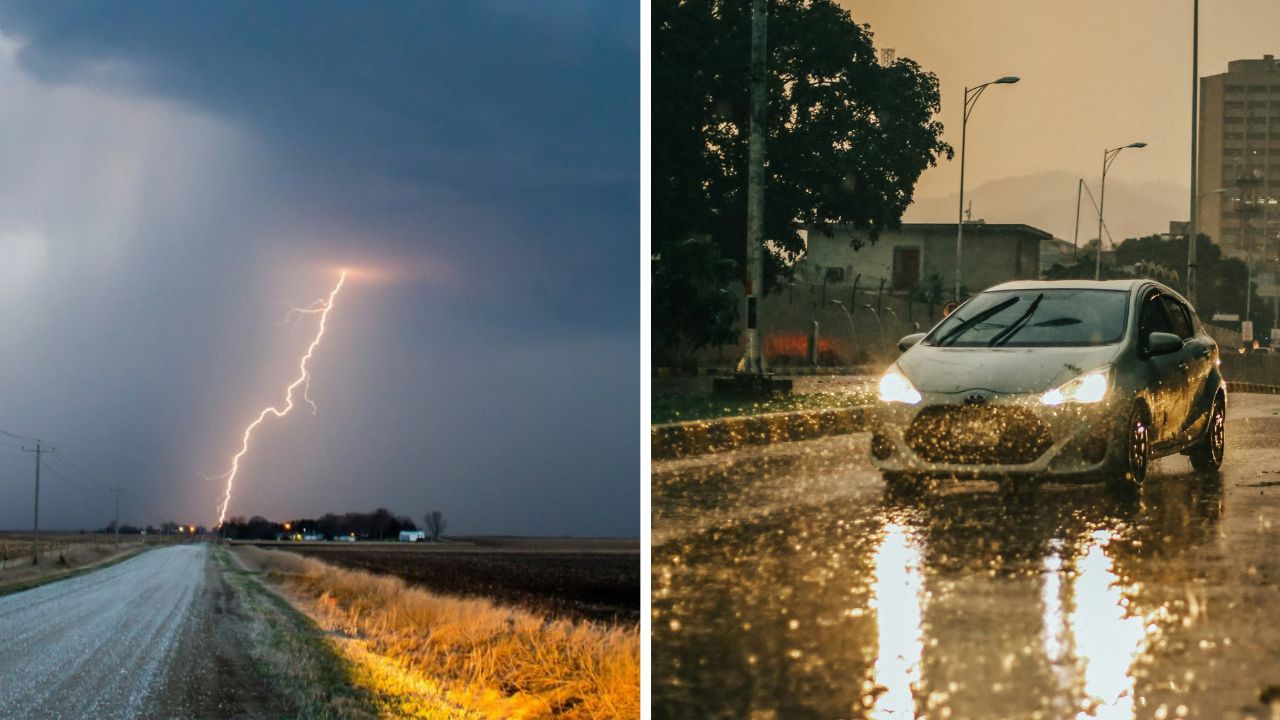 Búrka s bleskom na vidieku a auto na daždivom meste počas dažďa.