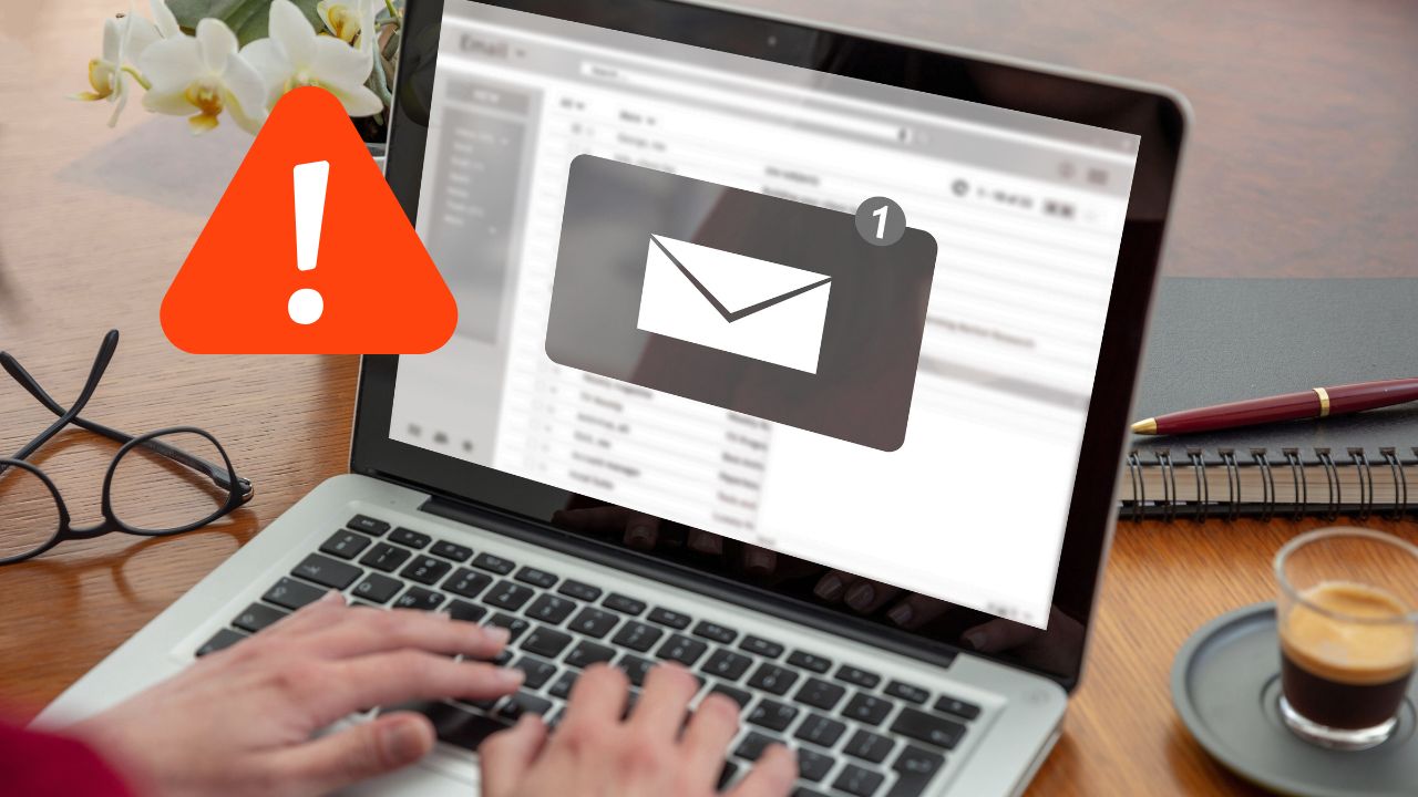 Osoba píšuca na laptop, upozornenie na nový e-mail na obrazovke, vedľa espressa a poznámkového bloku.
