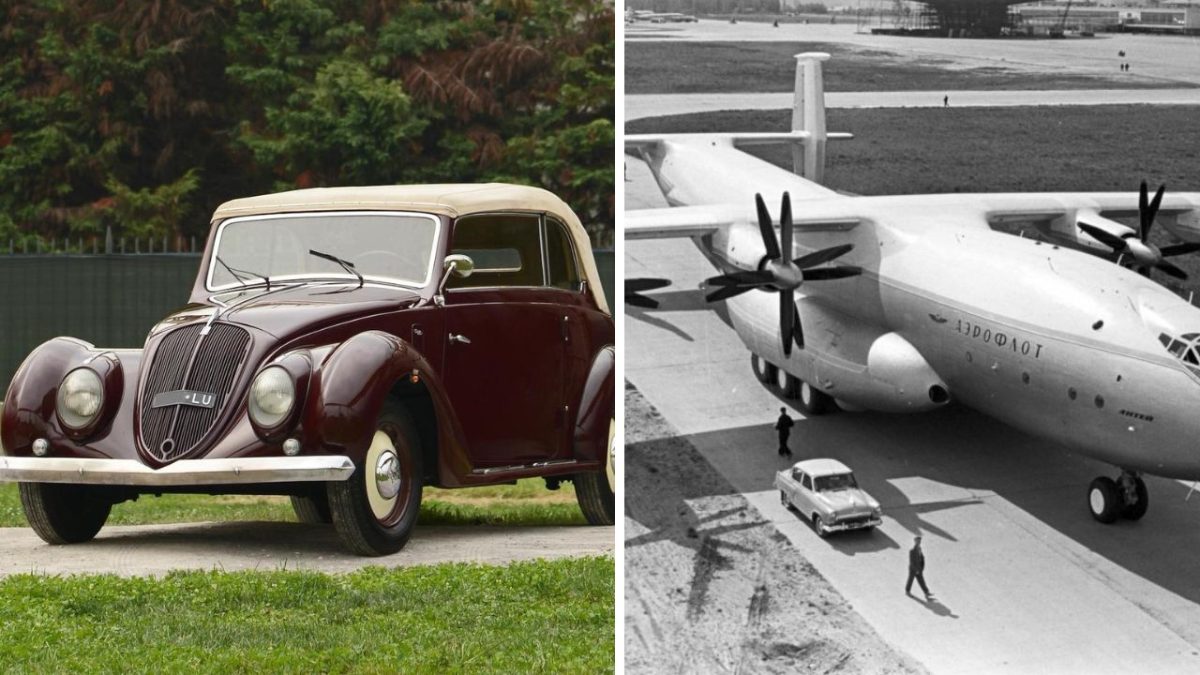Staré auto na tráve a historické lietadlo na letisku vedľa auta a dvoch ľudí.