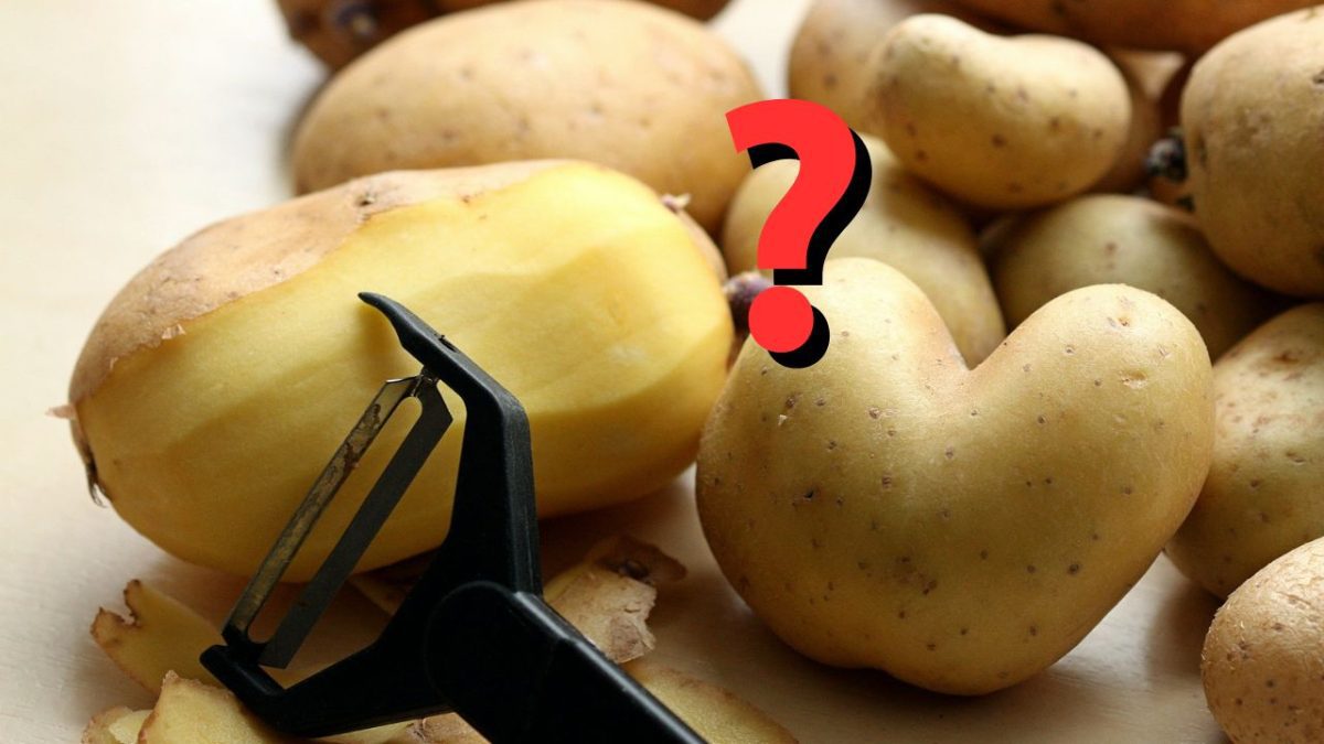 Zemiak v tvare srdca s lúpačom na pozadí, vedľa otáznikového znaku pre kreatívne využitie.