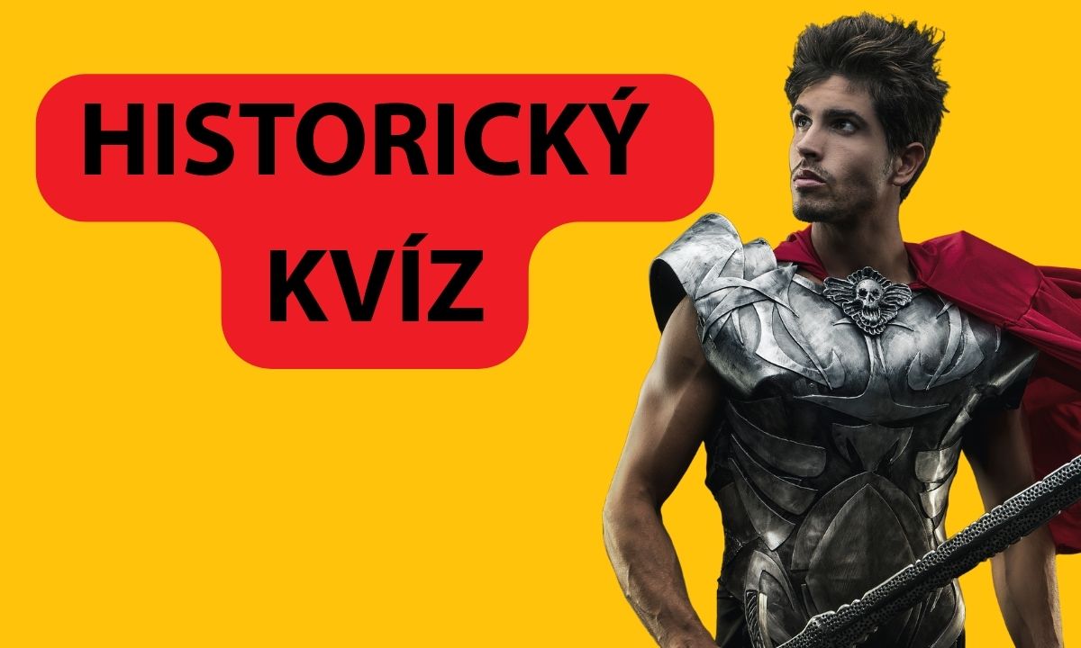 Historický kvíz s rytierom v brnení a červenom plášti na žltom pozadí.