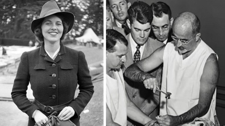 Ľudia na historických fotografiách, vľavo žena v elegantnom oblečení, vpravo doktor demonštrujúci lekársky postup.