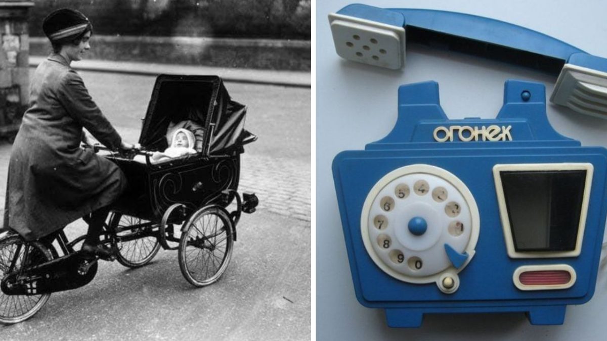 História a retro: žena bicykluje s kočíkom a starý modrý hračkársky telefón s otočnou číselnicou.