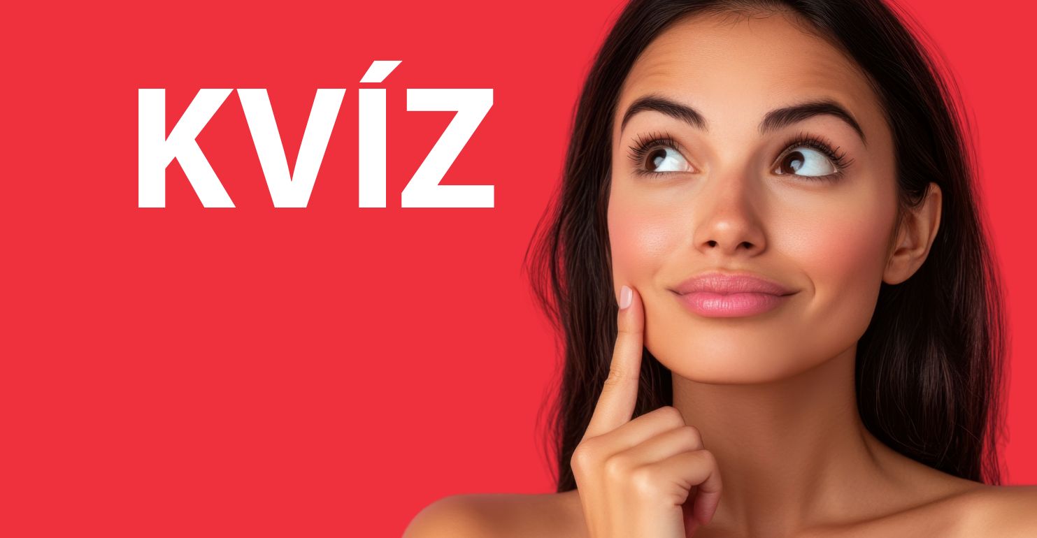 Osoba premýšľa nad kvízom, červené pozadie, výraz „KVÍZ“ v bielom písme.