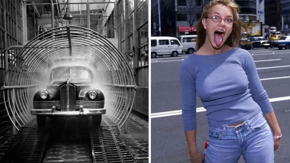 Ľavý obrázok: Retro auto v tuneli na test aerodynamiky. Pravý obrázok: Mladá žena na ulici, robí grimasu.