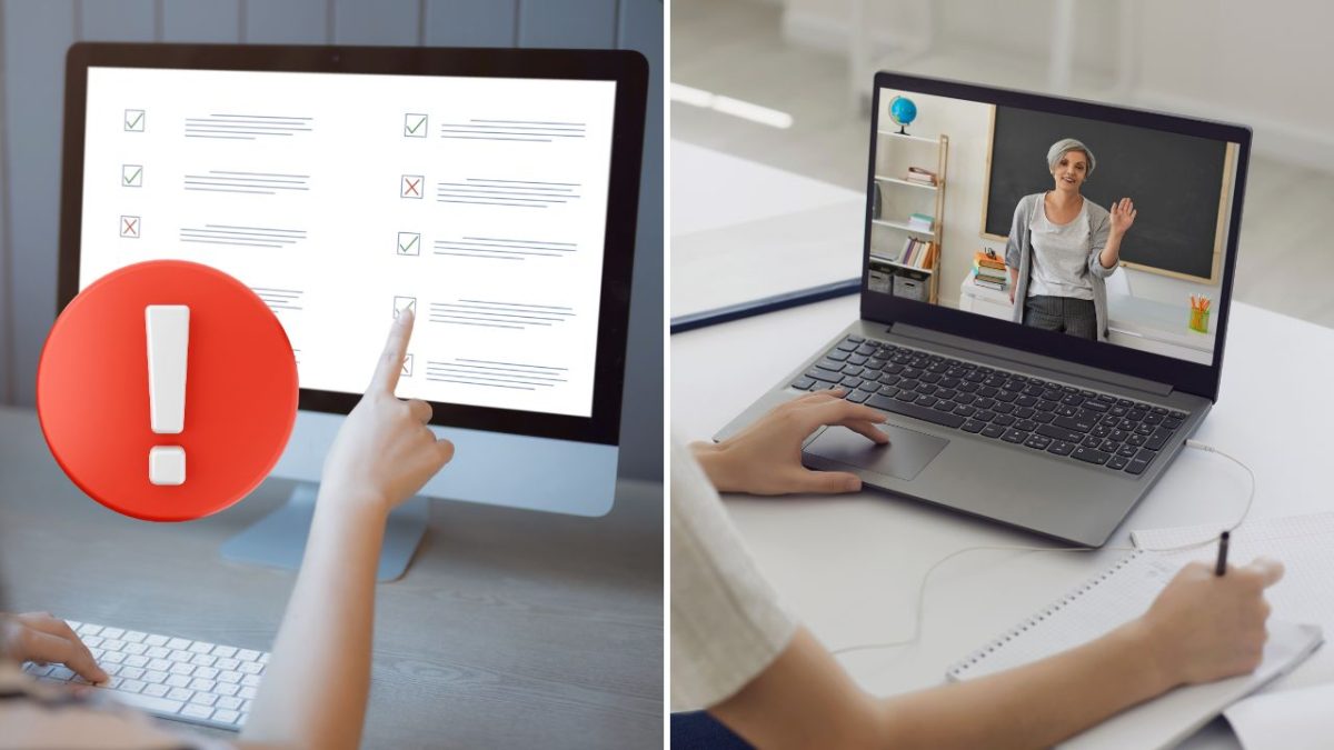 Osoba pracuje na počítači, kontroluje online formuláre a sleduje online školenie na prenosnom počítači.