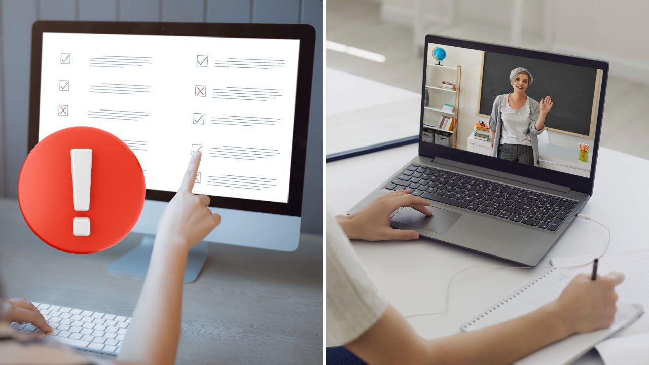 Osoba pracuje na počítači, kontroluje online formuláre a sleduje online školenie na prenosnom počítači.