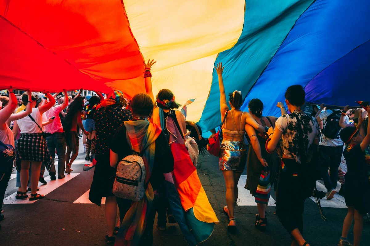 Ľudia s dúhovou vlajkou počas pochodu na oslavu rozmanitosti a rovnosti.