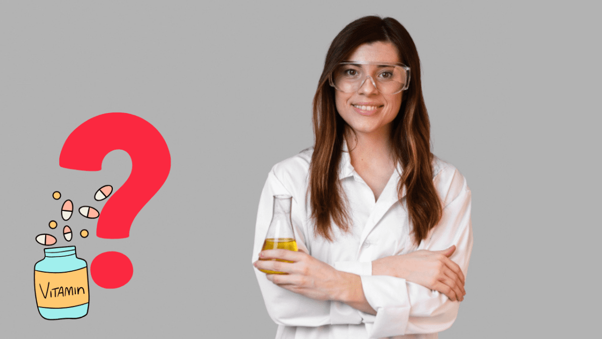 Vedkyňa drží laboratórny roztok, otáznik s vitamínmi znázorňuje výskum zdravia.
