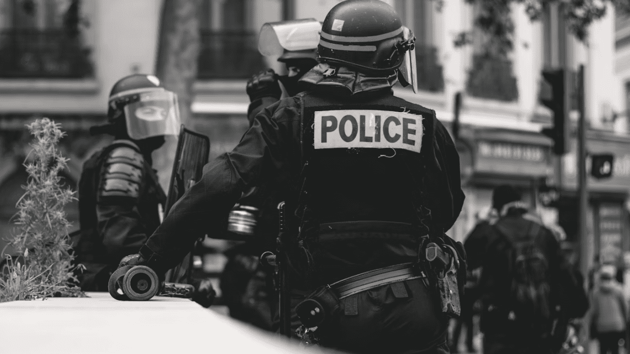 Policajti v ochranných uniformách na hliadke počas mestského zásahu, čiernobiely pohľad zozadu.