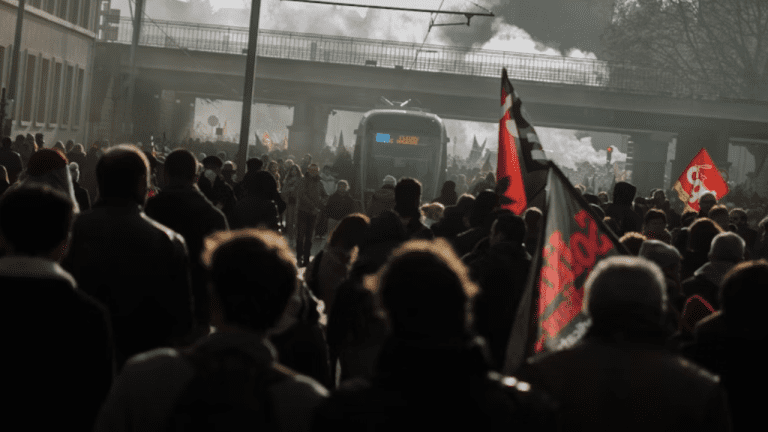 Dav ľudí pochoduje ulicou s vlajkami, v pozadí tramvaj a most. Hustá atmosféra demonštrácie.