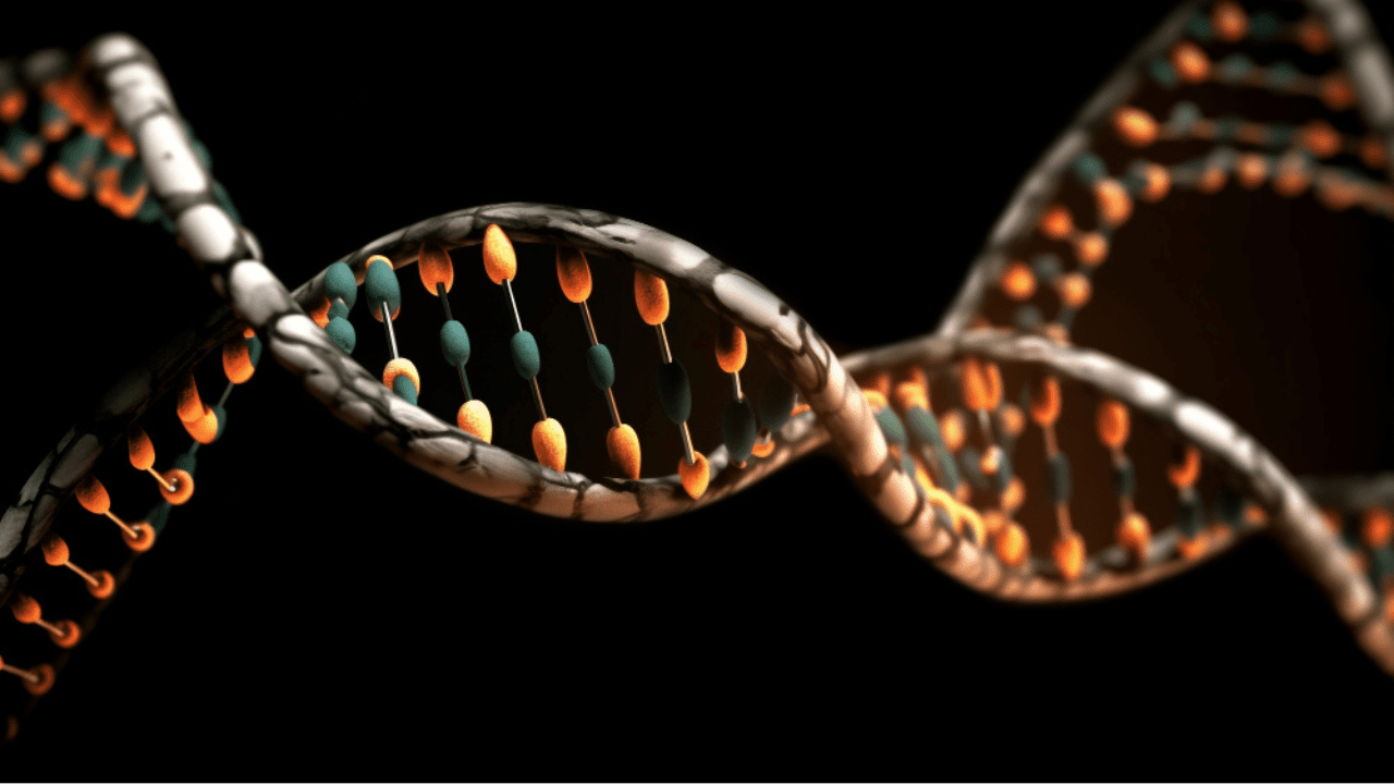 Farebná ilustrácia špirálovitej molekuly DNA na tmavom pozadí, symbol genetiky a biológie.