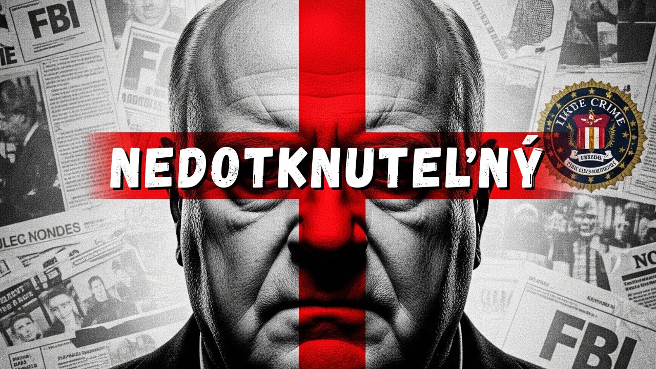 Semjon Mogilievič - Nedotknuteľný s tematikou FBI a kriminality, tvár muža s červeným krížom a novinovými výstrižkami v pozadí.