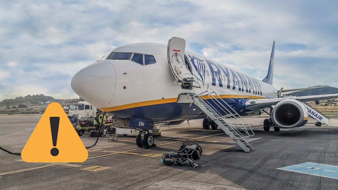 Lietadlo na letisku s varovnou značkou, blízke schodisko pre nástup pasažierov.