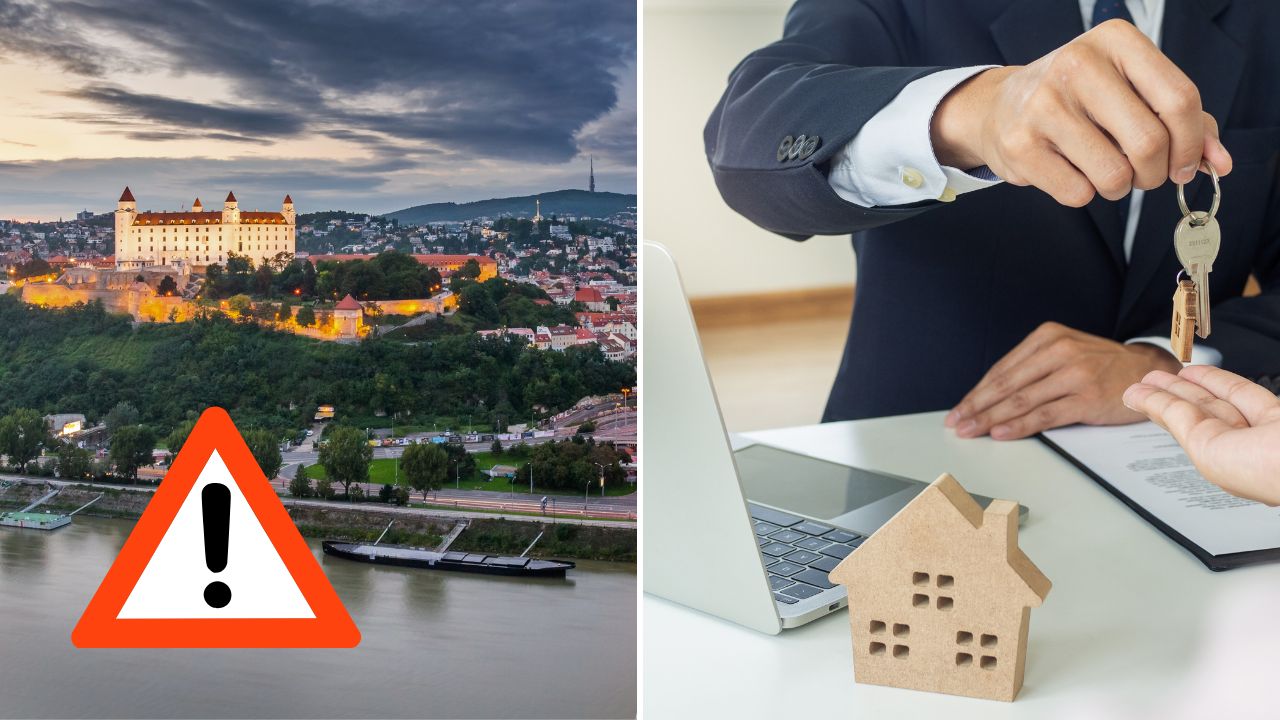 Zámok nad Bratislavou s upozornením a ruka v obleku odovzdávajúca kľúče, náznak nehnuteľností.