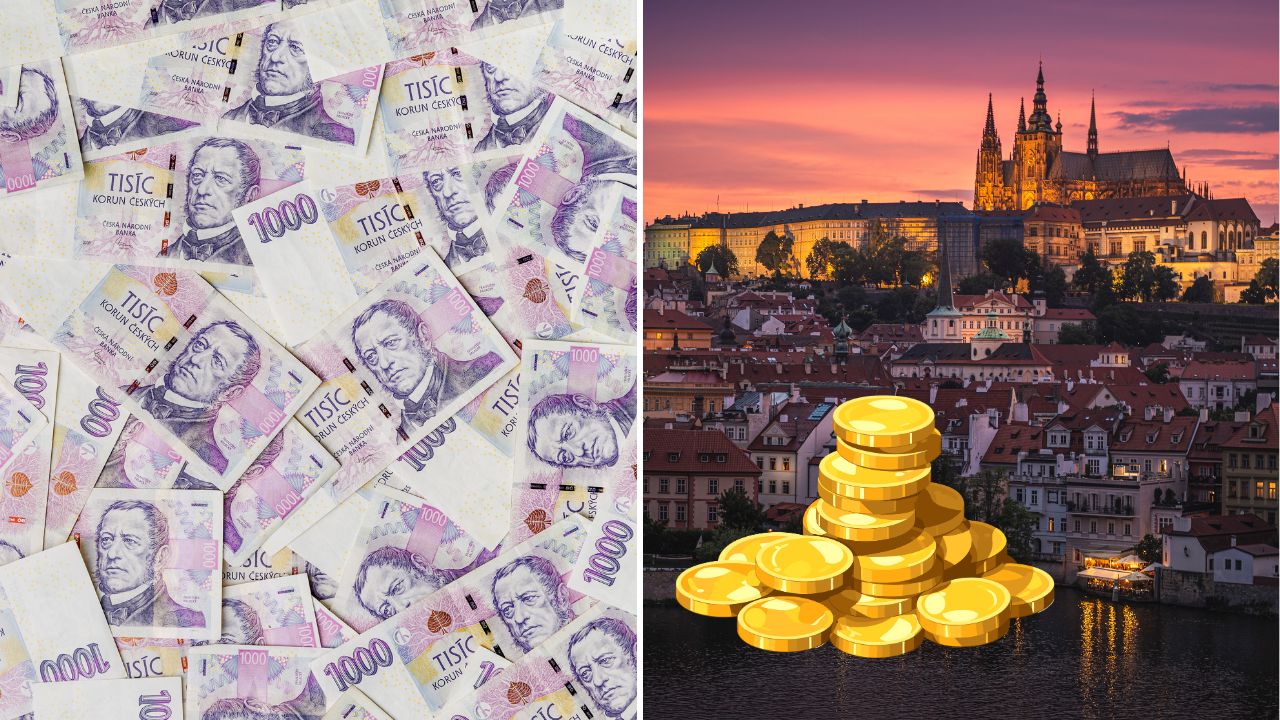 České tisícové bankovky, nočný pohľad na Prahu a zlaté mince na rieke Vltava.