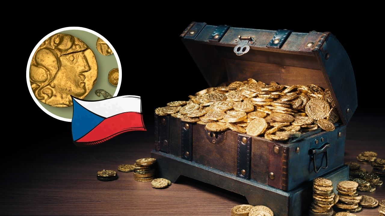 Truhlica s mincami, detail starodávnej mince z Česka na pozadí, česká vlajka v strede.