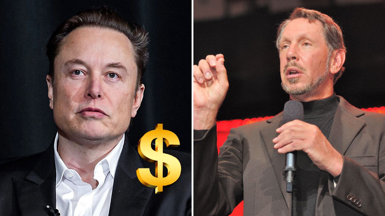 Dva podnikateľské portréty s dolárovým symbolom, úspech vo financiách a technológiách.