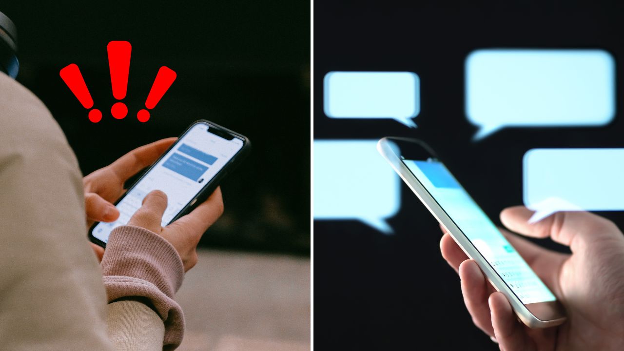 Dva smartfóny s aktívnymi správami. Ľavý zobrazuje upozornenia, pravý na pozadí s bublinami.