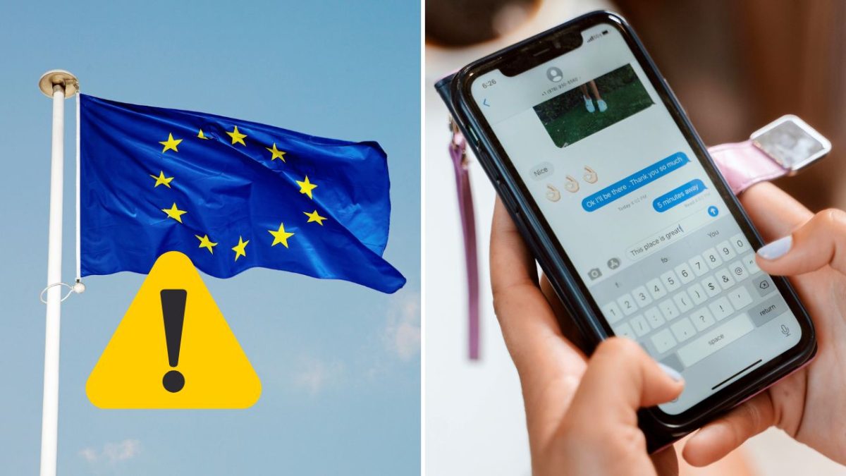 Vlajka EÚ s výstražným symbolom vedľa textovej konverzácie na telefóne - upozornenie na bezpečnosť online.