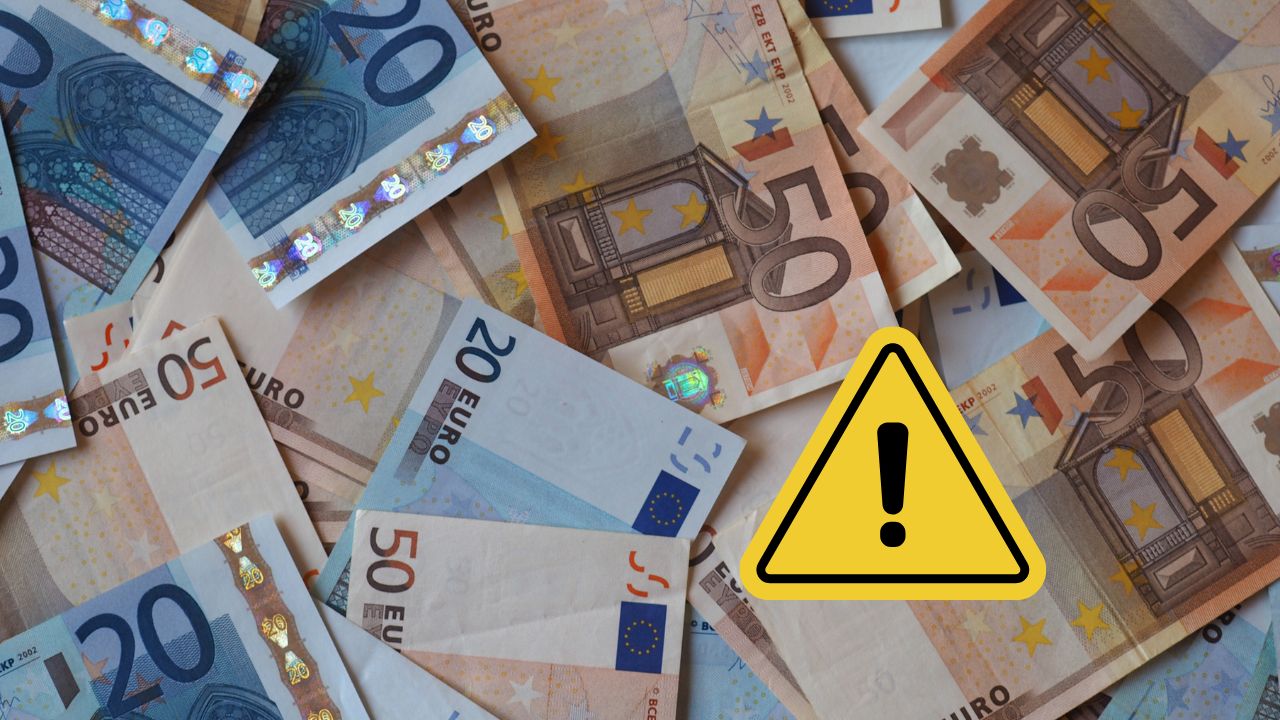 Hromada euro bankoviek s varovným symbolom, upozornenie na potenciálne finančné riziká.
