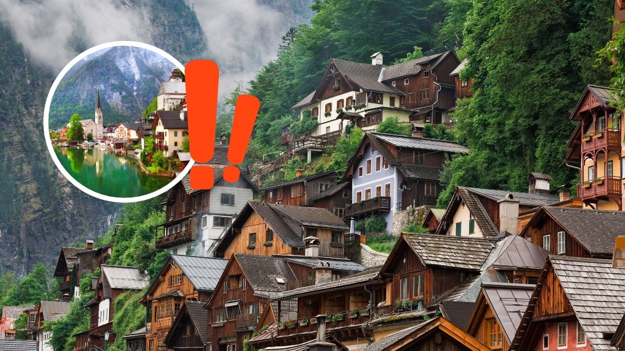 Malebná alpská dedinka s domami na svahu, v popredí zvýraznené pútavé prvky a malý okrúhly náhľad krajiny.