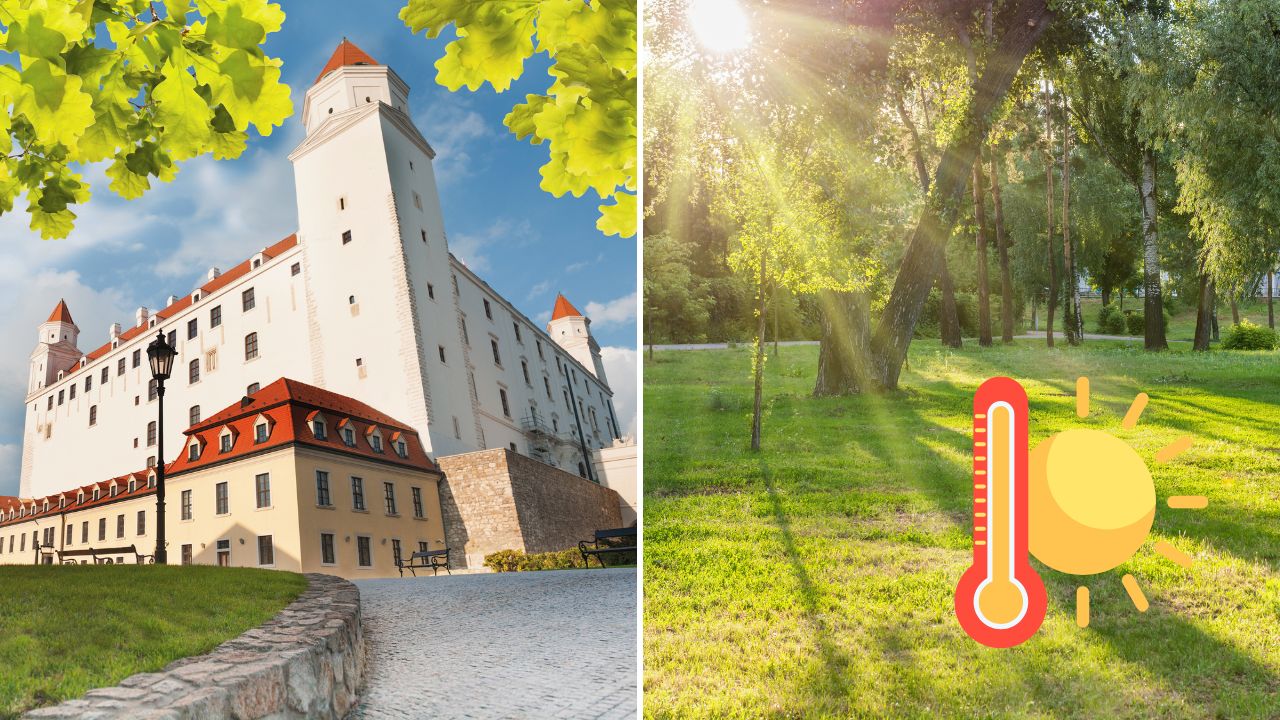 Bratislavský hrad v letnom počasí so slnečnými lúčmi a symbolom horúčavy v zelenom parku.
