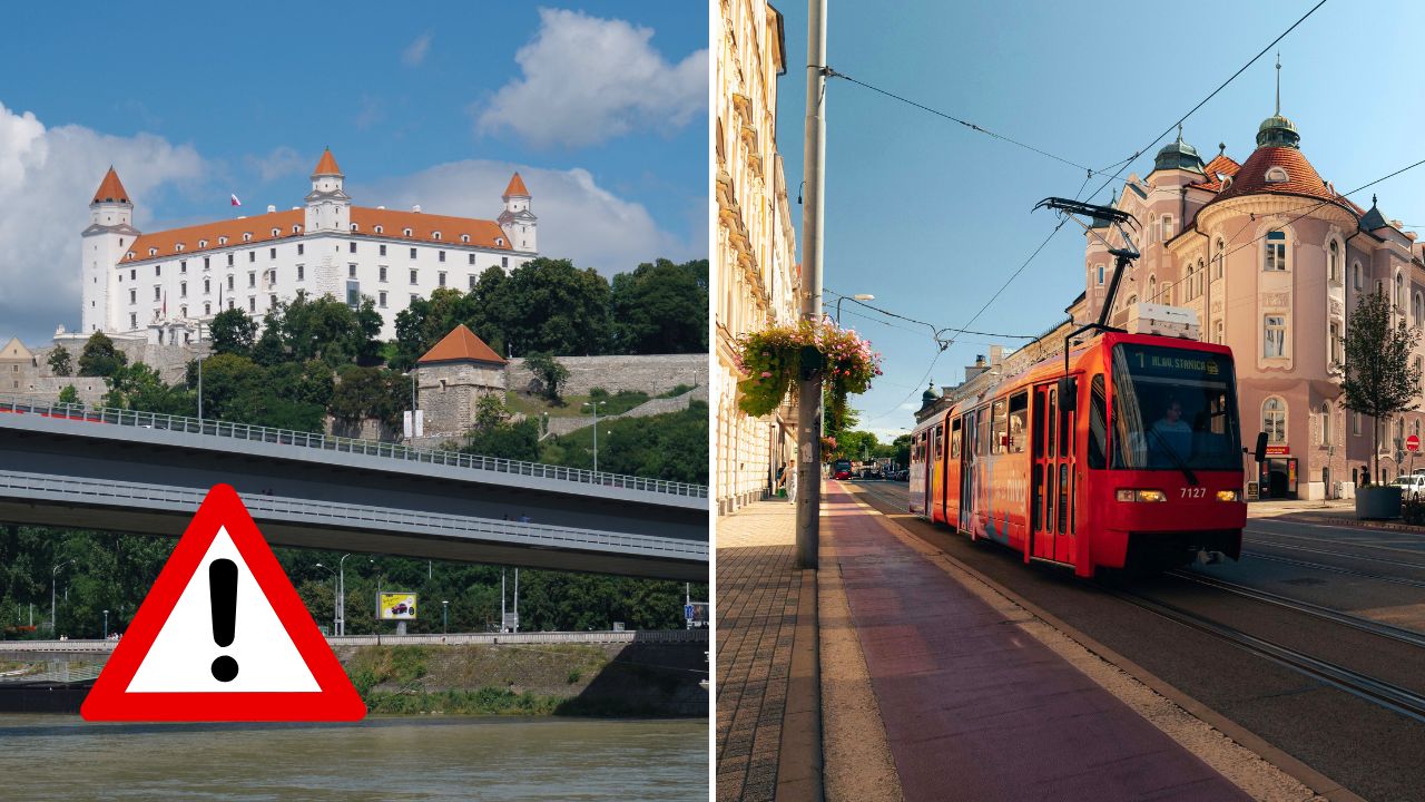 Bratislavský hrad s varovnou značkou a červená električka v meste pod modrou oblohou.