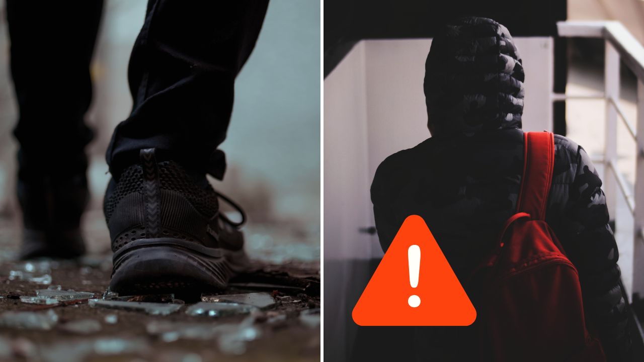 Osoba kráča po črepinách, vedľa upozornenie; čelí možnému nebezpečenstvu.