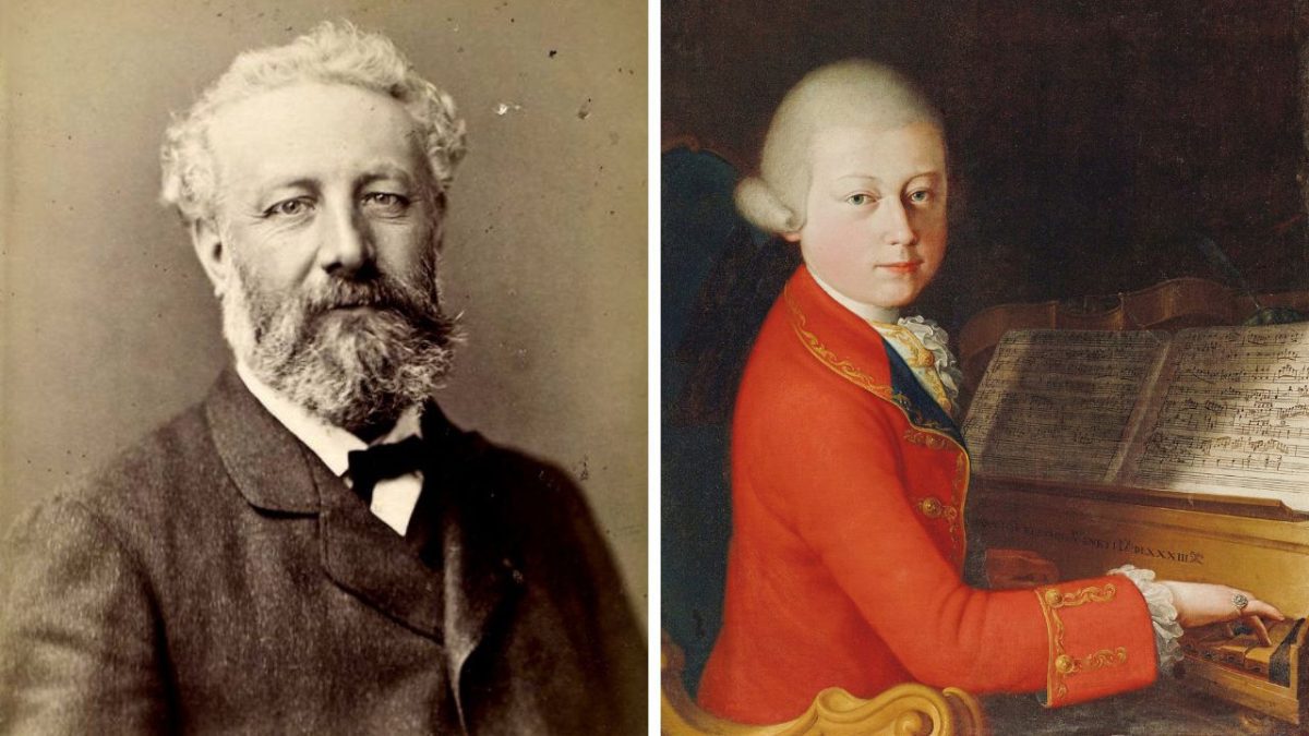 Neznámi historickí muži vedľa seba, jeden so sivou bradou, druhý mladý pri klavíri, obaja v odlišnom oblečení.