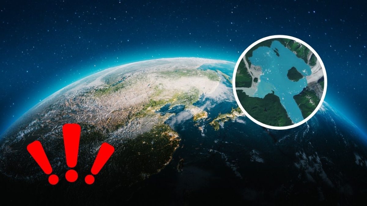 Pohľad na Zem z vesmíru s výstražnými výkričníkmi a zväčšenou oblasťou krajiny, naznačujúc environmentálny problém.