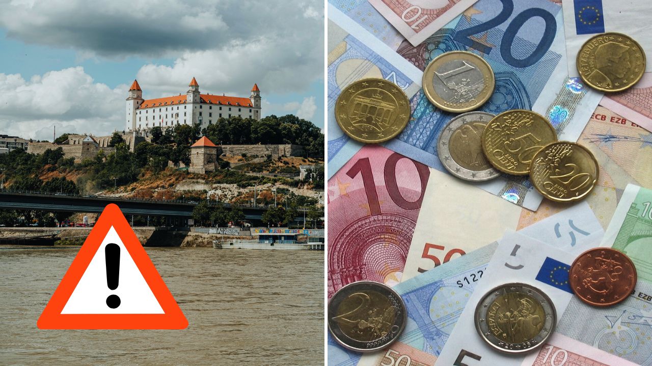 Neviem, kto je na obrázku. Bratislavský hrad a euro bankovky s mincami znázorňujú ekonomické výzvy na Slovensku.