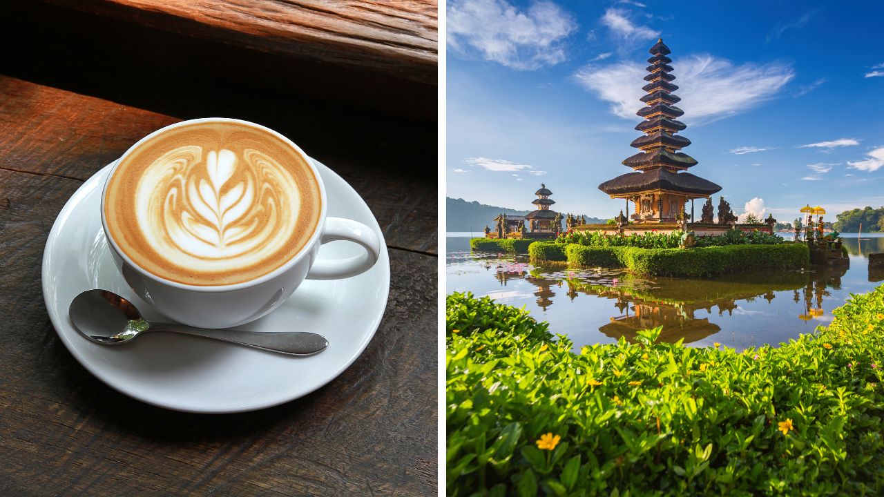 Šálka cappuccina s latte art vedľa chrámu pri jazere na slnečnom Bali.