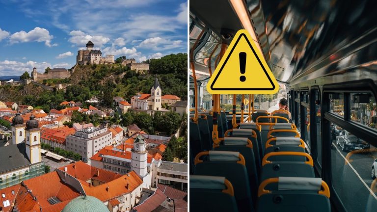 Pohľad na hrad a mesto vľavo, prázdny autobus s výstrahou vpravo; cestovné smery alebo obmedzenia.