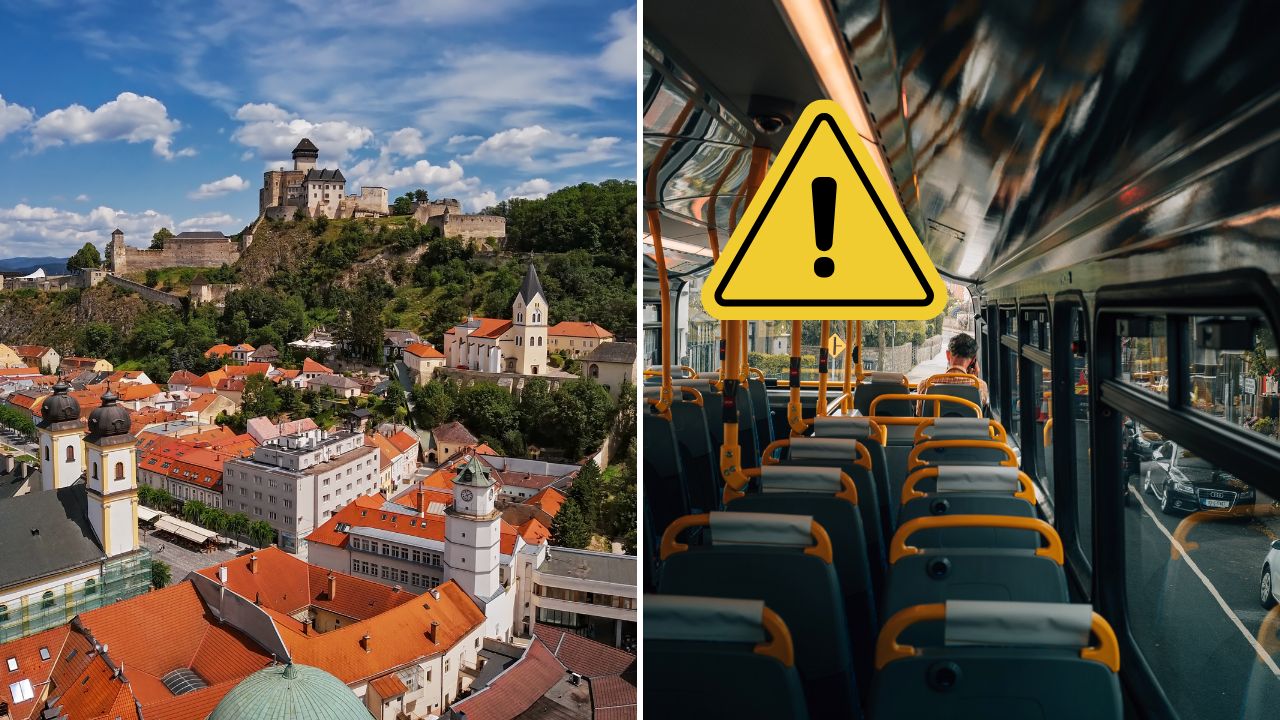 Pohľad na hrad a mesto vľavo, prázdny autobus s výstrahou vpravo; cestovné smery alebo obmedzenia.
