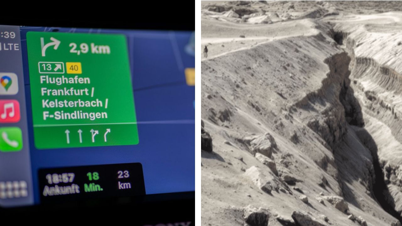 Navigácia k letisku Frankfurt zobrazená v aute; vedľa pohľad na suchú a skalnatú krajinu s kaňonom.