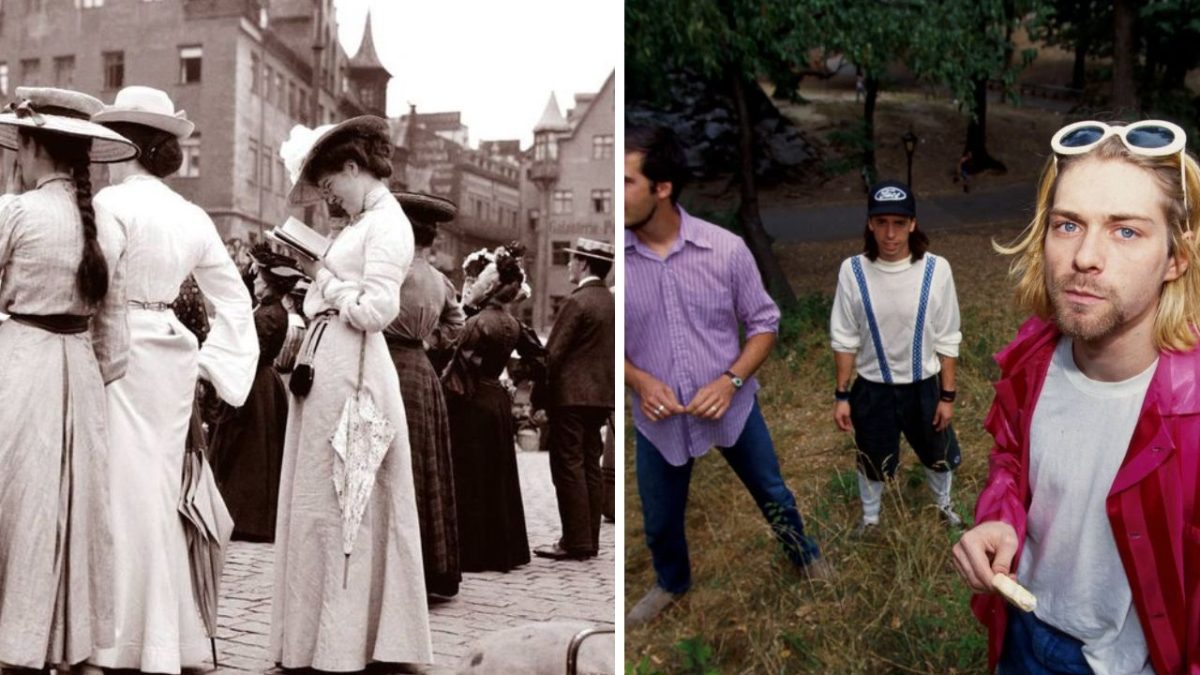 Historické módy: Dámy v klobúkoch na ulici, vedľa moderných mladíkov v tričkách, príroda v pozadí.