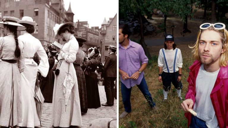 Historické módy: Dámy v klobúkoch na ulici, vedľa moderných mladíkov v tričkách, príroda v pozadí.