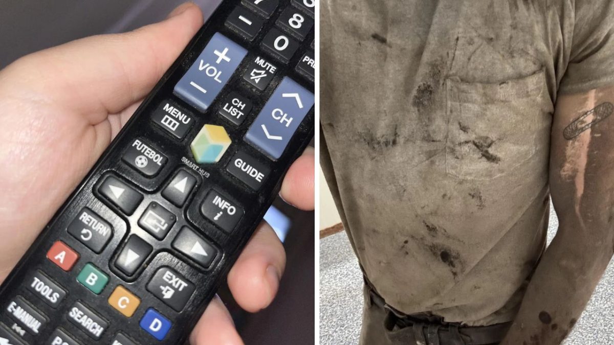 Ovládač a špinavé tričko: kontrast medzi ovládaním TV a tvrdou prácou.