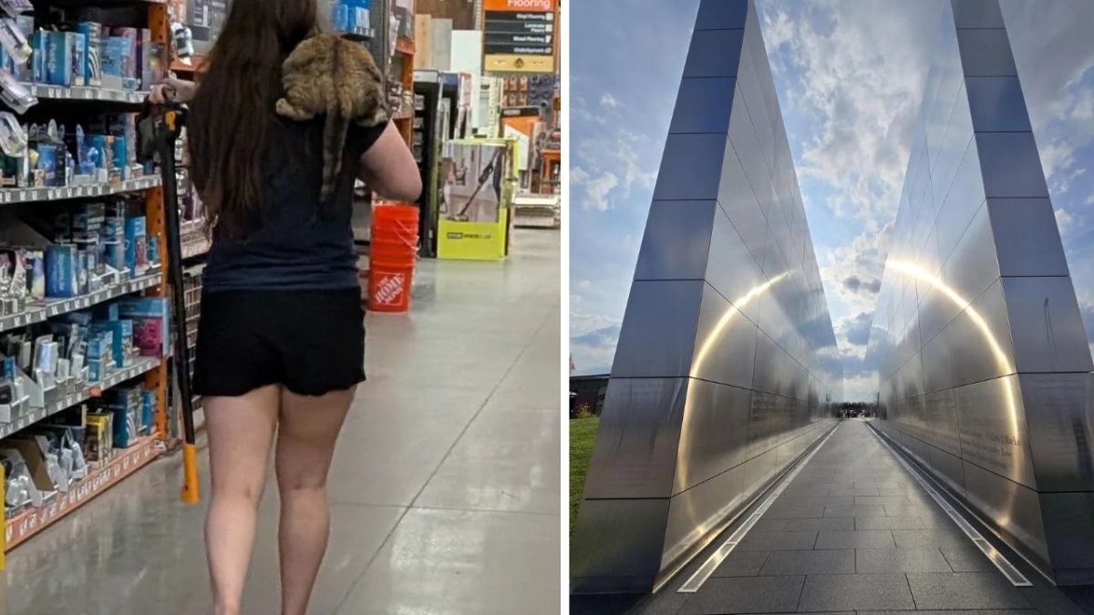 Žena s mačkou na rameni prechádza obchodom; moderný lesklý monument so zrkadlovým efektom.