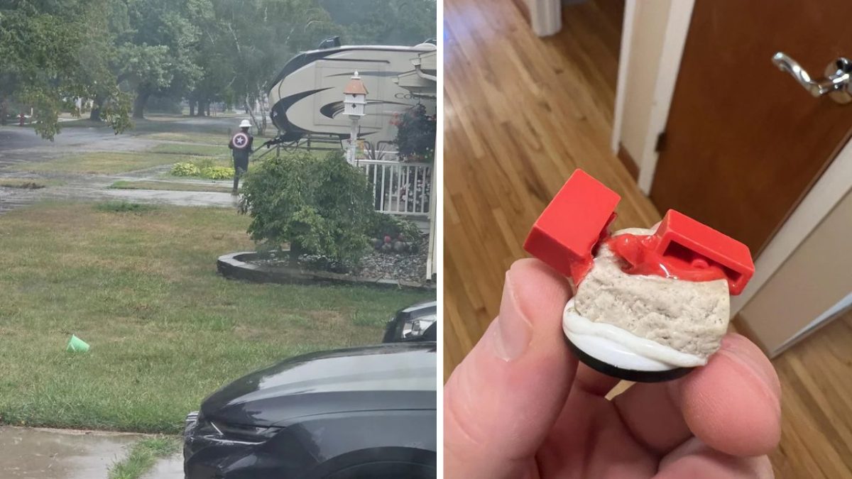 Ľavá časť: Osoba s detským štítom na záhrade. Pravá časť: Ručne robená mini figúrka s červenými detailmi.