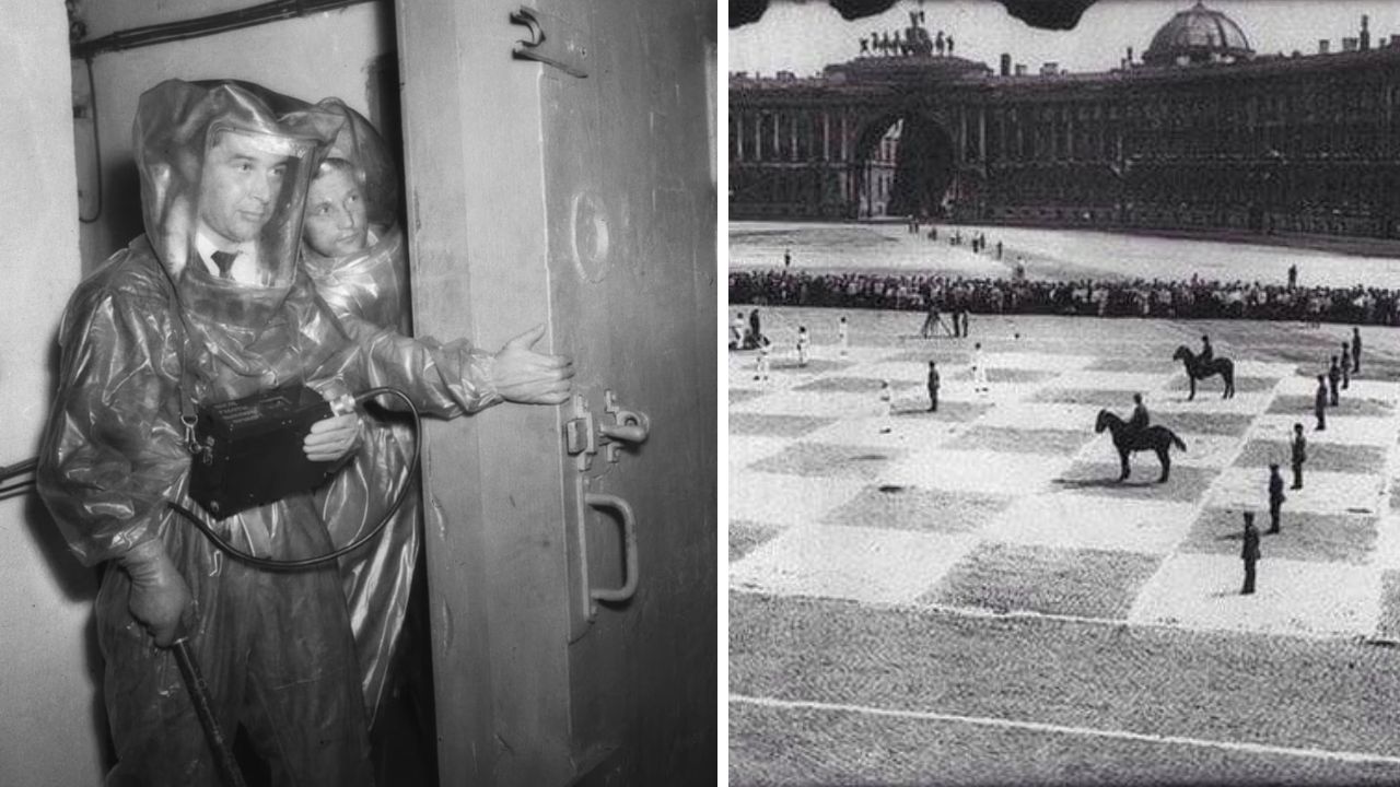 Ľudia v ochranných oblekoch a veľká vonkajšia šachovnica s hráčmi v historických uniformách na námestí.