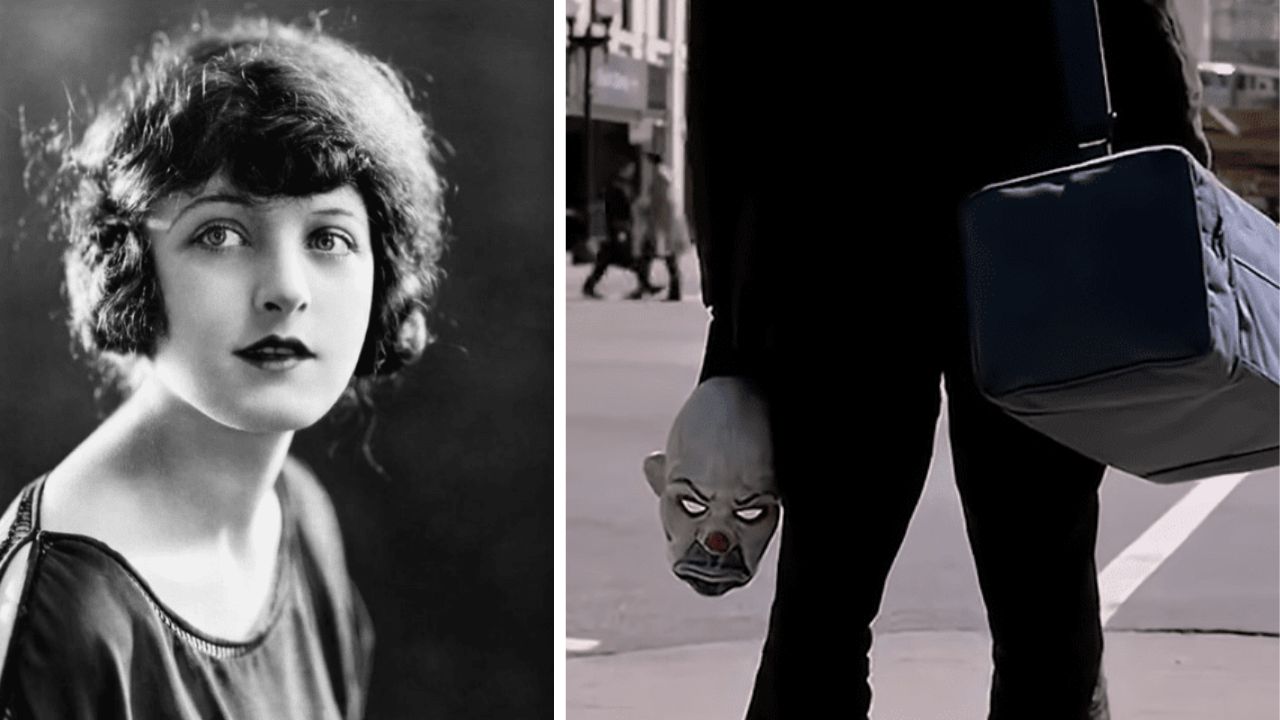Historická čiernobiela fotografia ženy a osoba na ulici s rukou držiacou masku klauna.