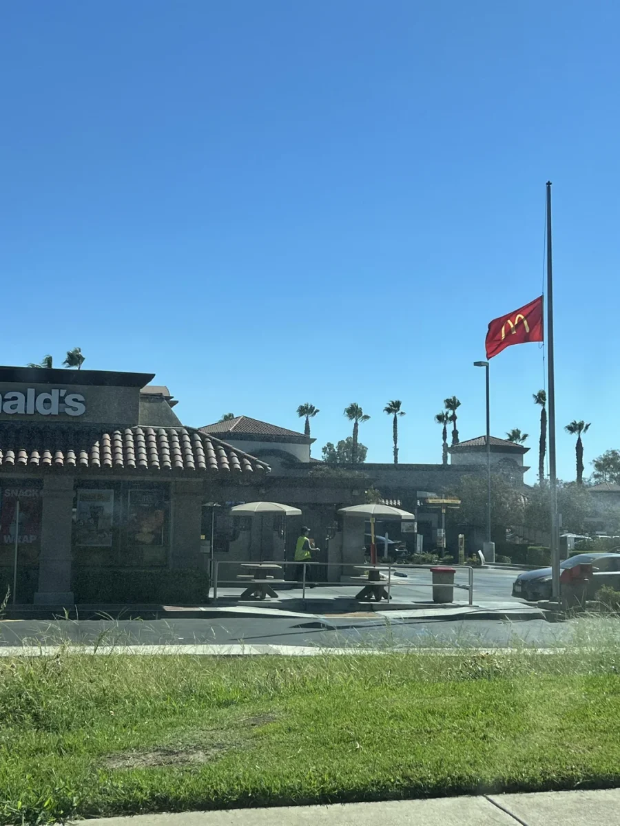 Reštaurácia McDonald's s vlajkou na pol žrde, jasná obloha a palmy v pozadí.