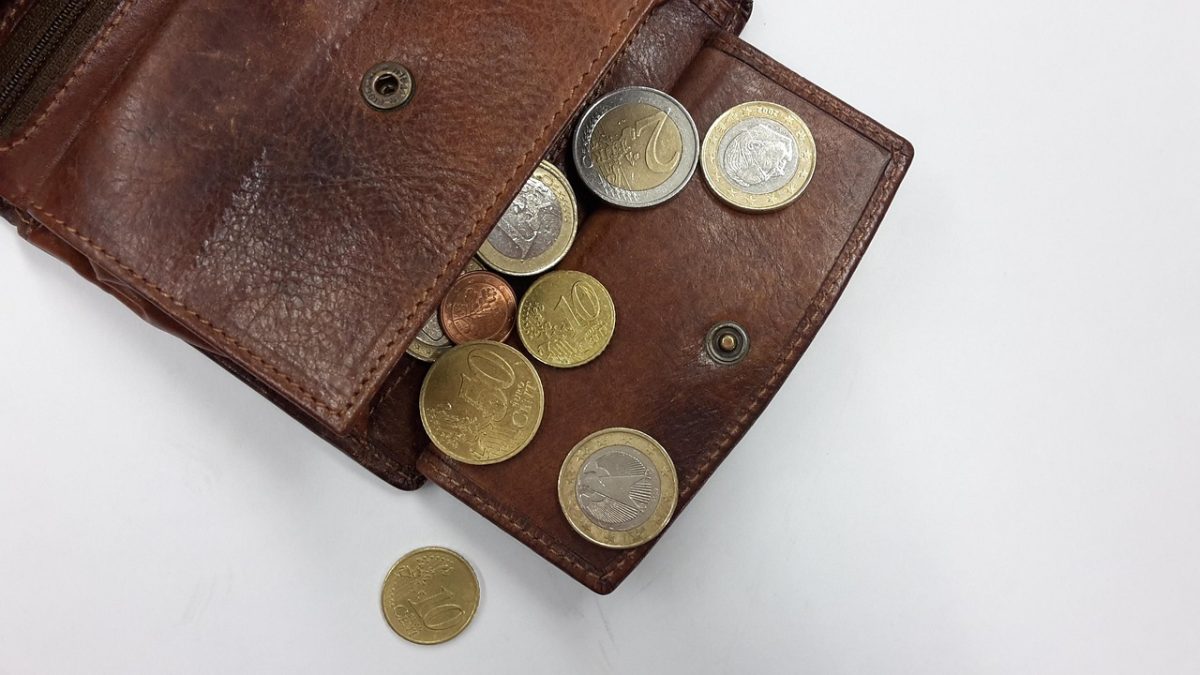 Kožená peňaženka s rozmiestnenými euromincami na bielom pozadí.