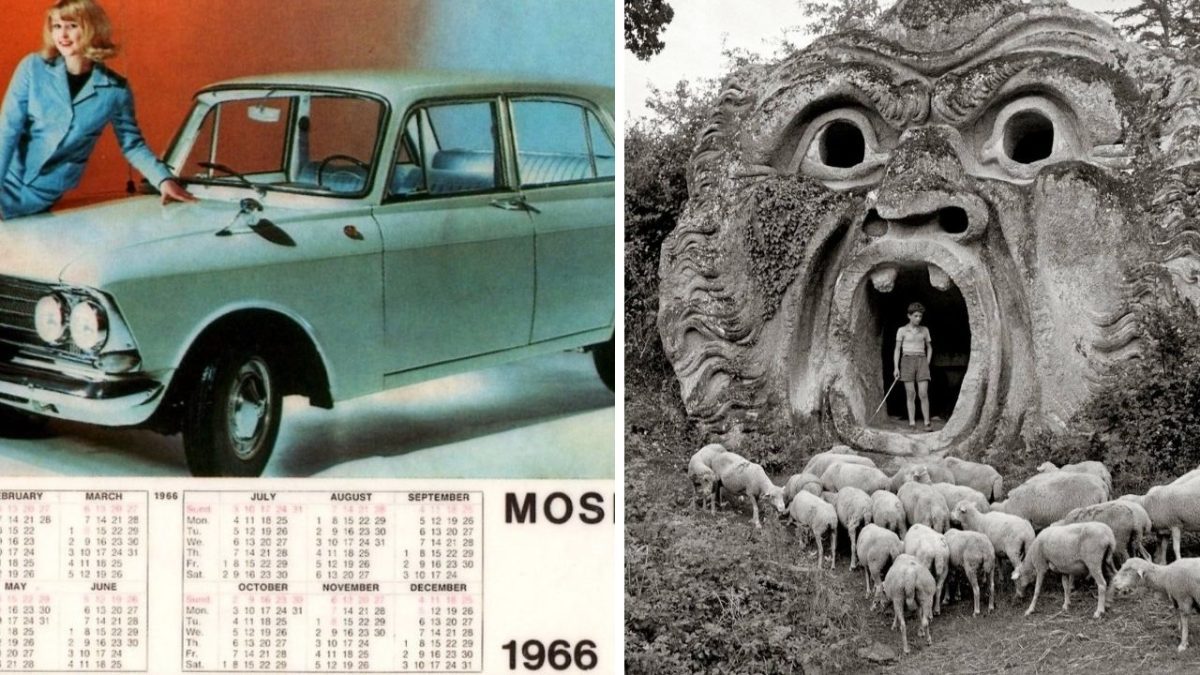 Vľavo: žena pri klasickom aute na kalendári 1966. Vpravo: dieťa a ovce pri kamennej soche v tvare obrie hlavy v prírode.