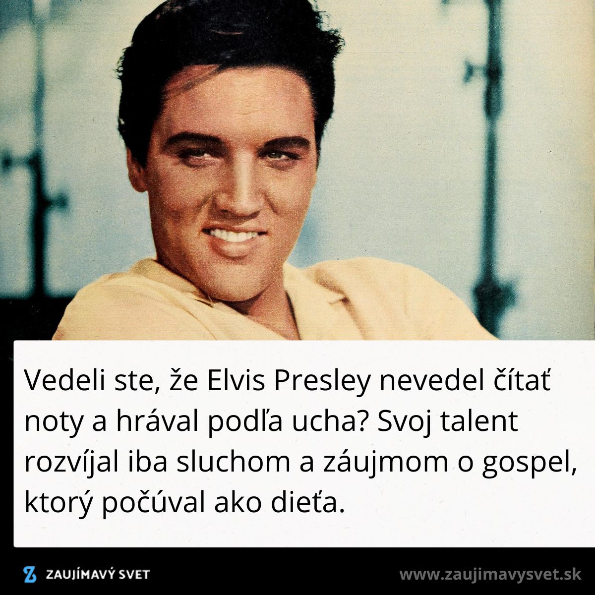 Muž v béžovom oblečení s úsmevom, text o talente a hudobných schopnostiach.